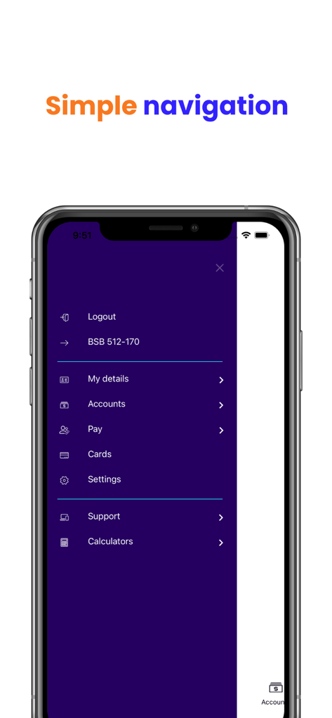 Easy Street - A screenshot showing the simple navigation menu of the Easy Street banking app