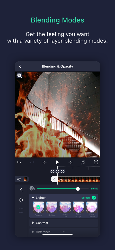Alight Motion video editing interface demonstrating layer blending modes and opacity settings for visual effects.