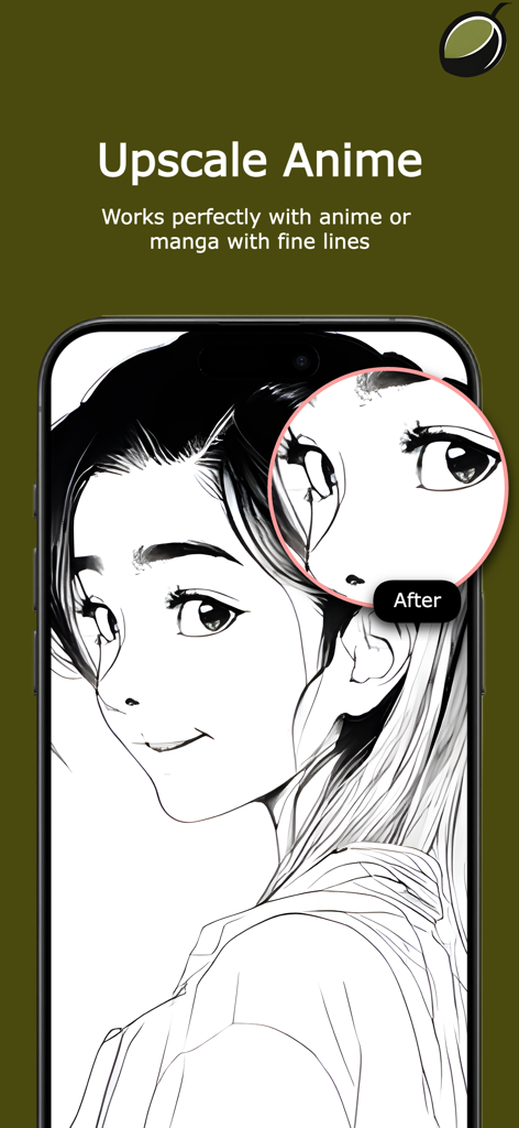 OLVE: AI Photo & Anime Upscale - OLVE app interface showing AI anime upscaling results for fine lines
