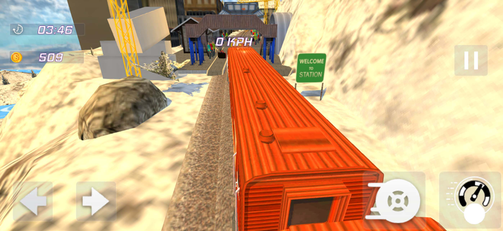 Cargo Train Simulator Ultimate - Gameplay screen of Cargo Train Simulator Ultimate featuring an orange train car on tracks and mountain scenery
