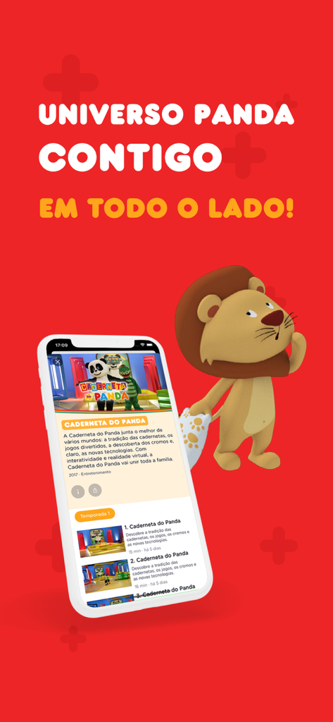 Una captura de pantalla de la aplicación móvil Panda plus con un león de dibujos animados y programación infantil en una pantalla de iPhone con fondo rojo