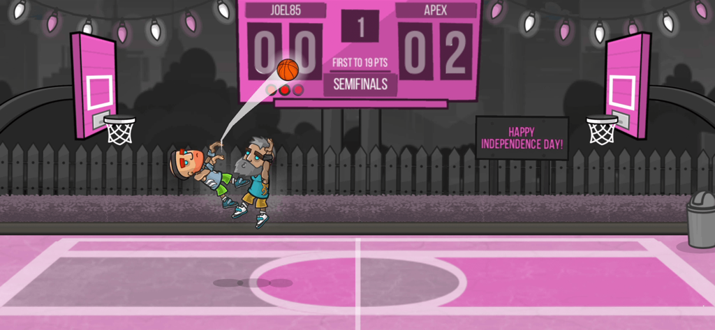 Basketball Battle NO WIFI Game - 농구 배틀의 핑크색 코트에서 1대1 길거리 농구 경기를 치르는 두 명의 카툰 플레이어