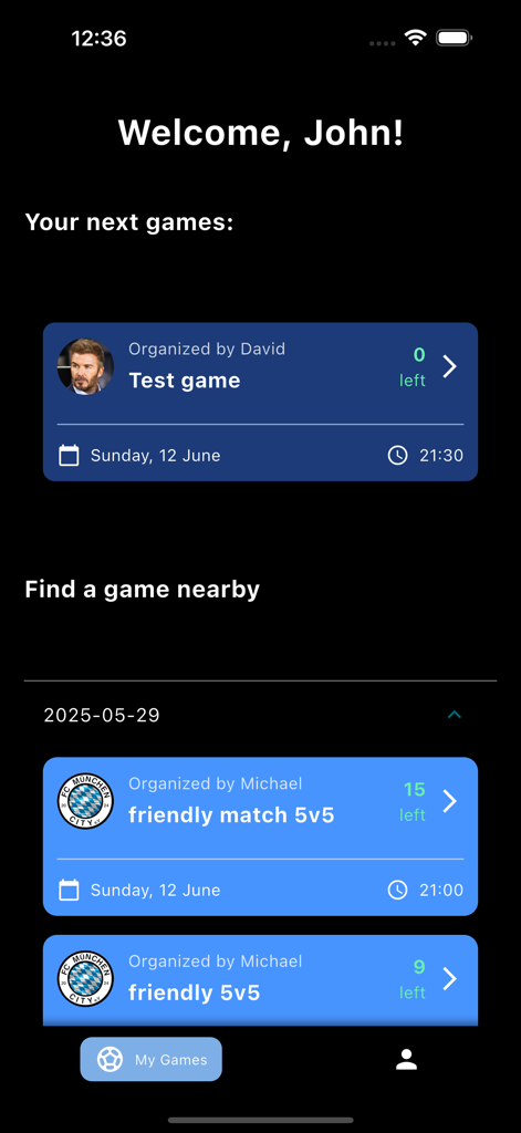 Dashboard der City Football App, das bevorstehende Spiele und Spiele in der Nähe für die Buchung anzeigt.