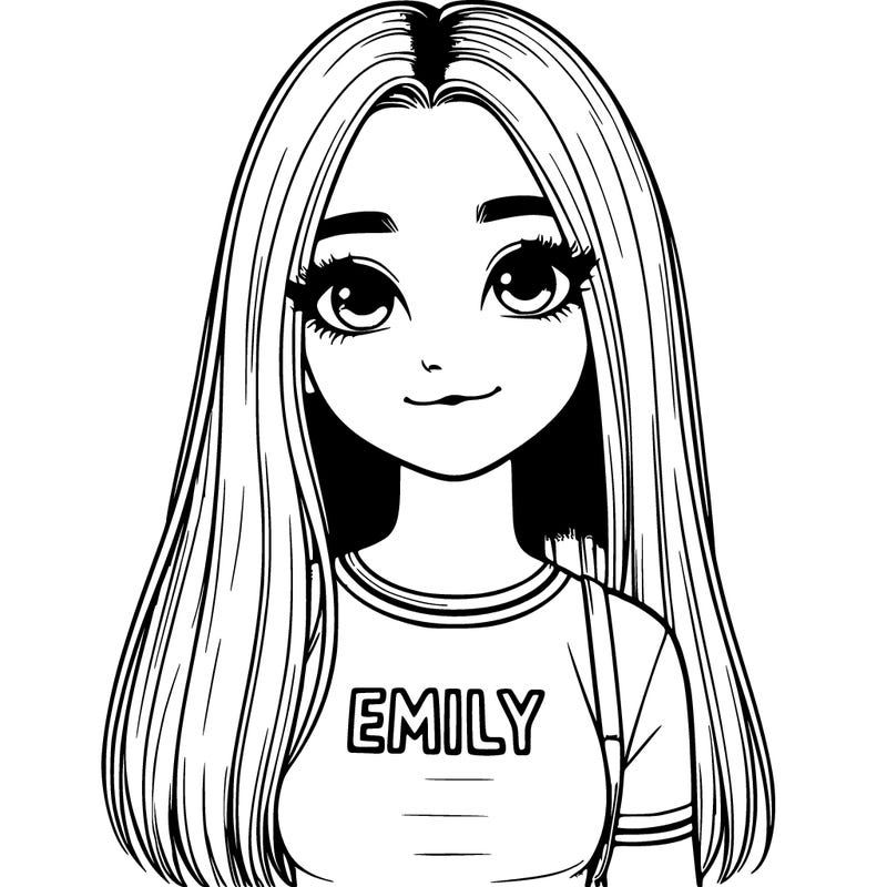 realistic girl with long ish straight hair with a shirt that says emily