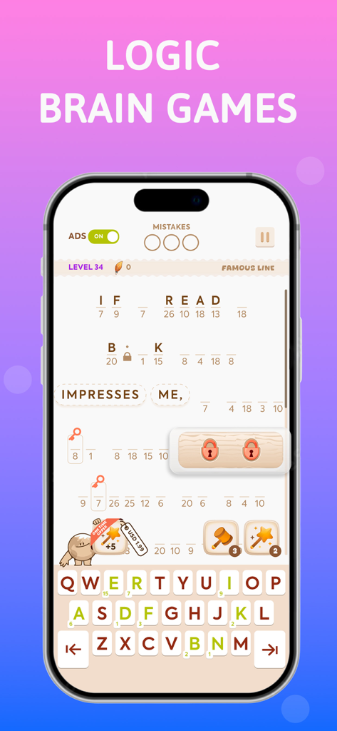 Cryptogram: Number & Word Game - A smartphone screen displaying a logic word puzzle game with number to letter decoding