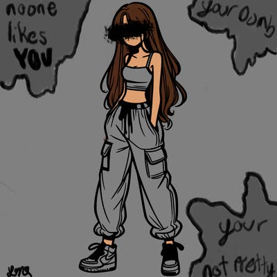 girl in baggy pants crop top and long hair