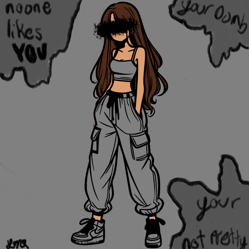 girl in baggy pants crop top and long hair