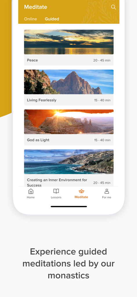 Una interfaz móvil de la aplicación SRF YSS que muestra una selección de meditaciones guiadas con serenas imágenes de la naturaleza.