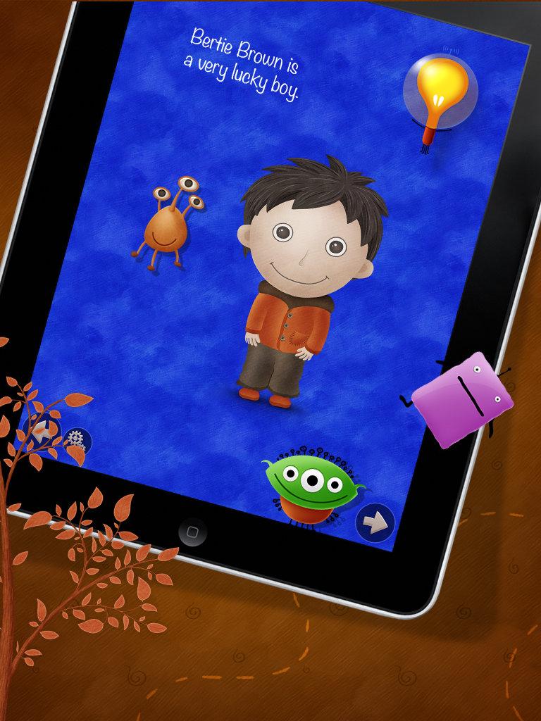 Bertie Brown character in the Who Stole The Moon interactive story app on iPad