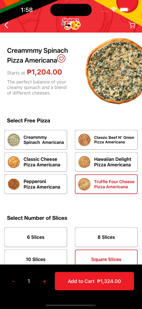 Shakeys Super App interface for customizing a pizza order with free pizza selection and slice options