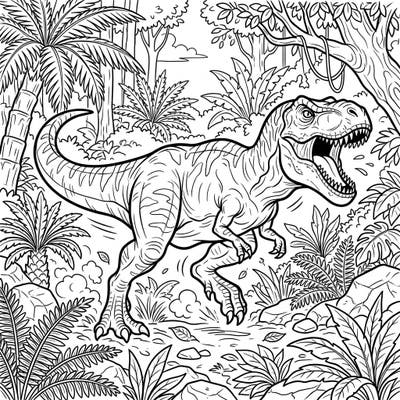 Embark on a thrilling prehistoric adventure with this dynamic T-Rex hunting coloring page. Capture the raw power and ancient mystery of the king of dinosaurs as it roams its jungle habitat.