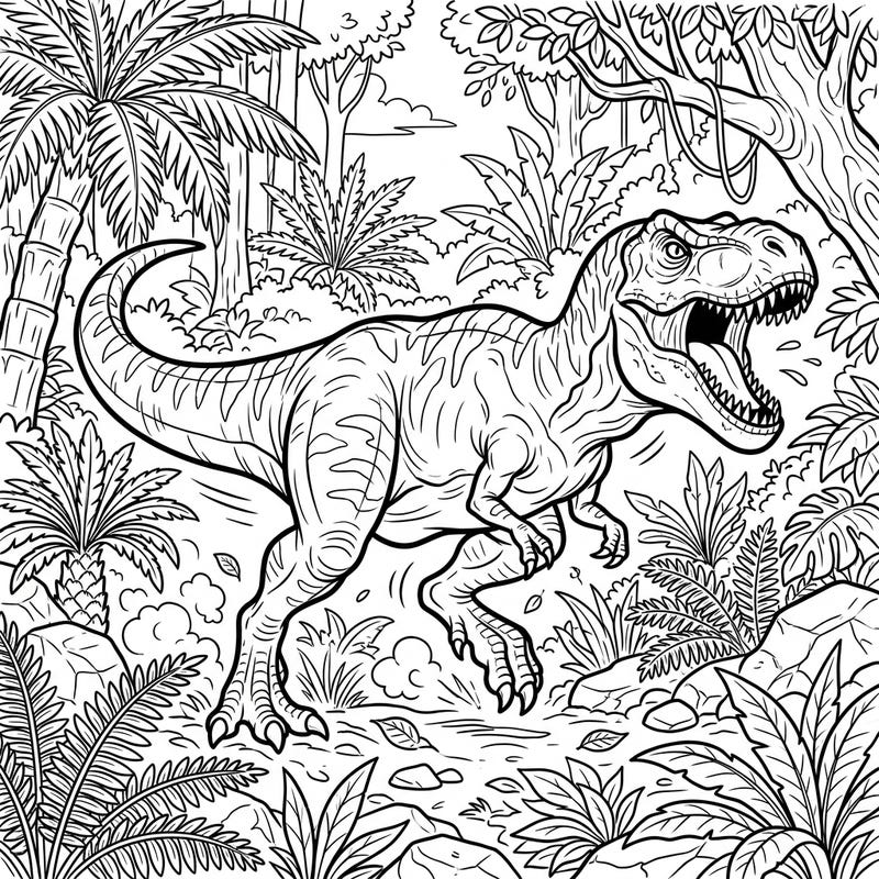 Embark on a thrilling prehistoric adventure with this dynamic T-Rex hunting coloring page. Capture the raw power and ancient mystery of the king of dinosaurs as it roams its jungle habitat.