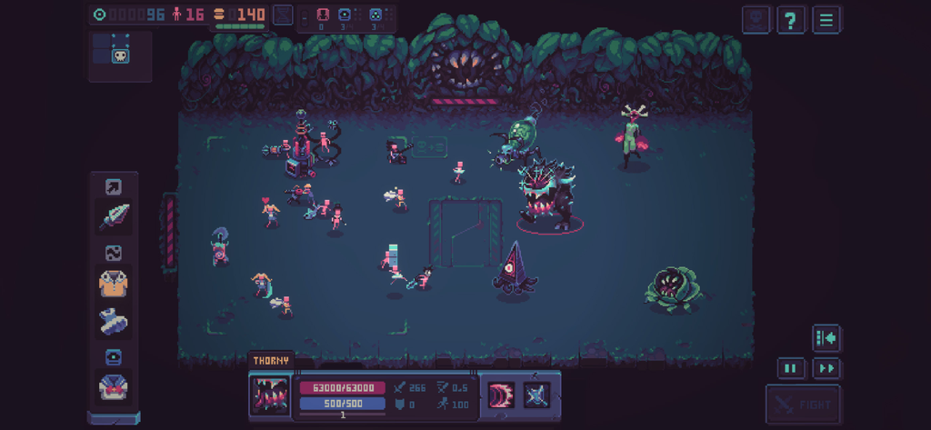 Despot's Game - Capture d'écran du gameplay d'une auto-bataille tactique dans Despot's Game, présentant des unités en pixel art et des monstres dans un donjon sombre.