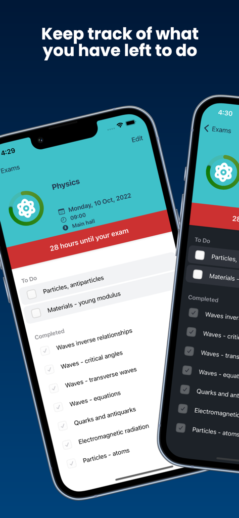 A study planner app interface showing a countdown to a physics exam and a checklist of completed study topics