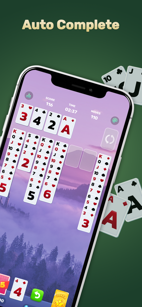 Solitaire Dream Manor：Renovate - Mobile gameplay of Solitaire Dream Manor showing the card layout and auto complete feature