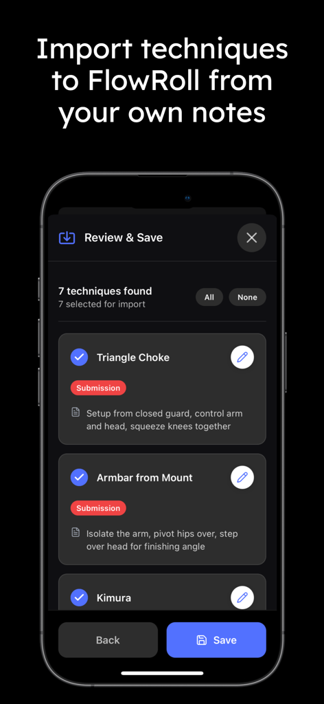 FlowRoll - BJJ Training Pal - A mobile app interface showing the Review and Save screen for importing BJJ techniques like Triangle Choke and Armbar from Mount.