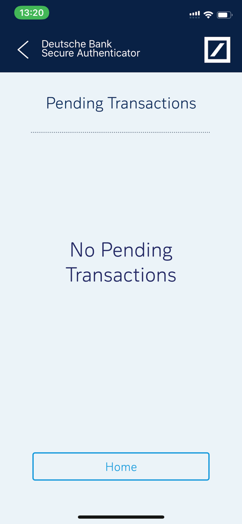 DB Secure Authenticator - DB Secure Authenticator app screen showing no pending transactions