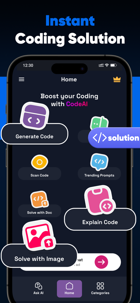 Code AI: Learn Programming - Pantalla de inicio de la aplicación Code AI mostrando herramientas de programación como generación y explicación de código en una interfaz móvil