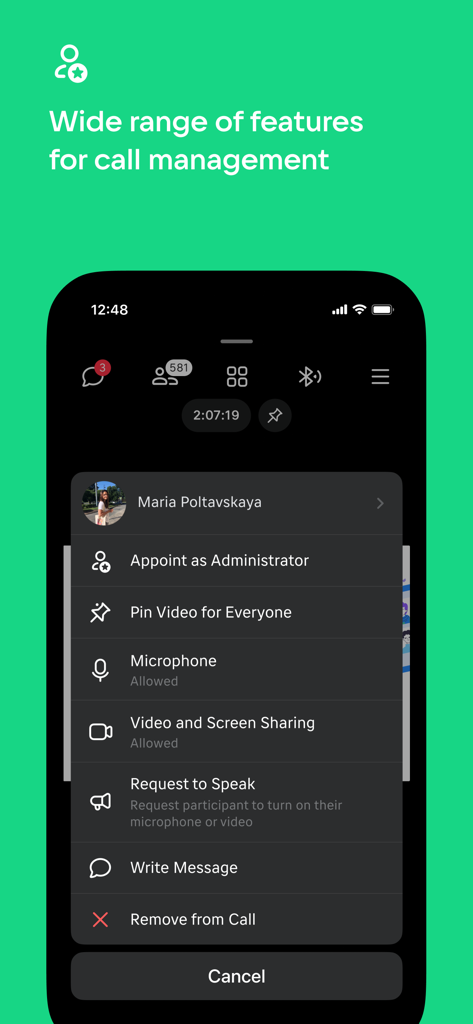 VK Calls mobile interface showing participant management options and administrative controls during a video meeting