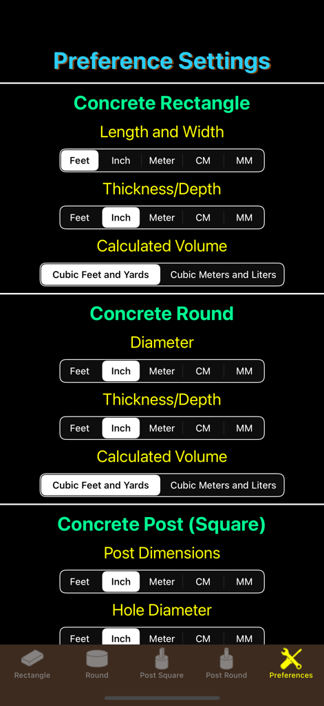 Preference settings menu for the Concrete Calculator Elite app showing measurement and volume unit options for different concrete shapes
