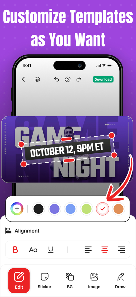 Cover Art AI - Thumbnail Maker - A mobile app interface showing tools for customizing a game night thumbnail template including text styles and color selection.