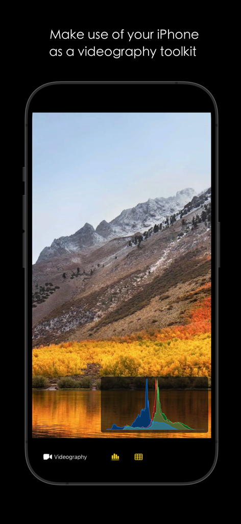 CamX - USB Camera - CamX app interface on an iPhone showing videography mode with a real-time RGB histogram overlay