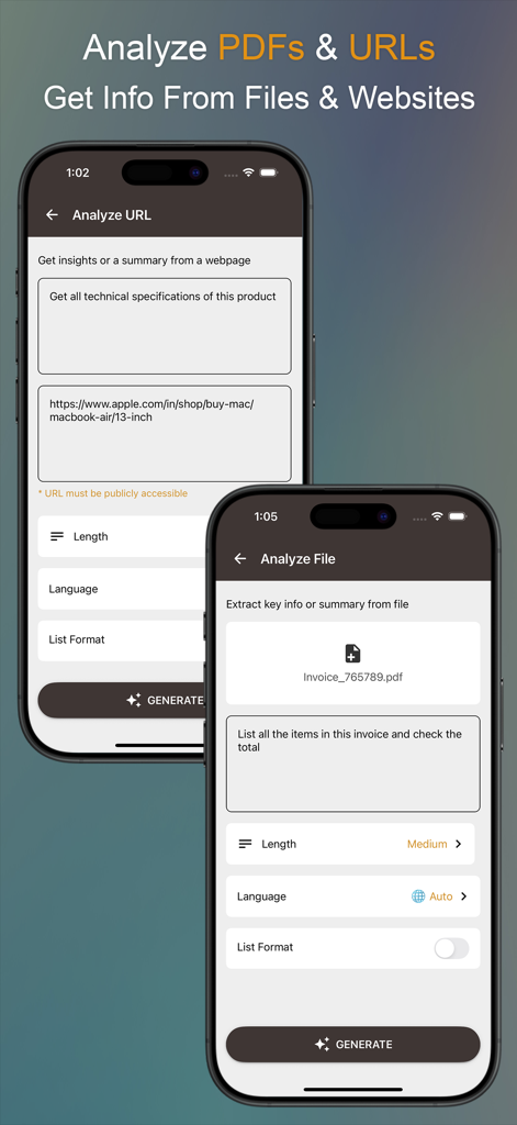 Oberfläche der Business AI App, die Funktionen zur Analyse von PDF-Dokumenten und Website-URLs für Zusammenfassungen und Datenextraktion zeigt.