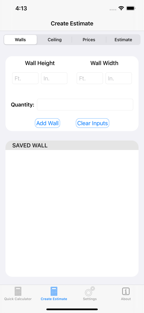 Calculate Drywall - Input screen for wall dimensions in the Calculate Drywall estimation app