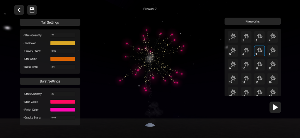 Pyro Simulator for iPhone - Interface of the fireworks editor in Pyro Simulator showing burst and tail customization settings.