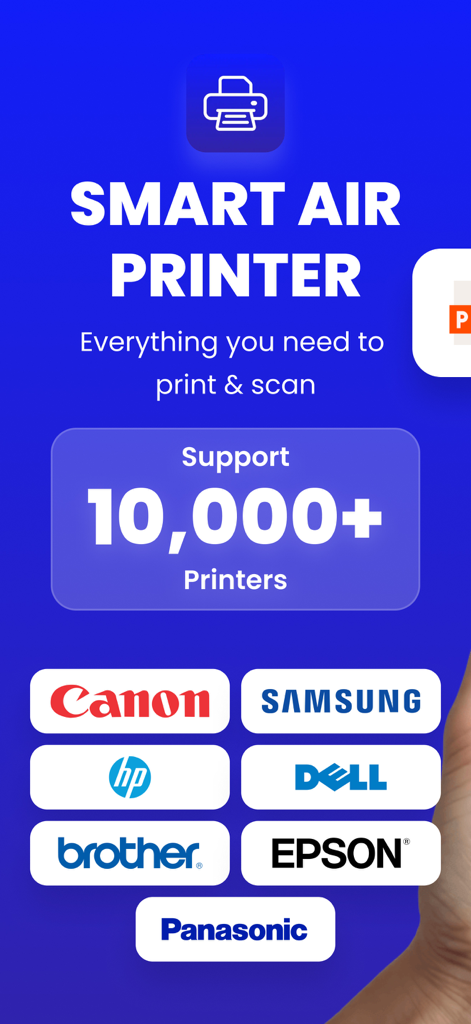 Interfaccia dell'app Smart Air Printer che mostra il supporto per oltre 10.000 modelli di stampanti di marchi come Canon e HP
