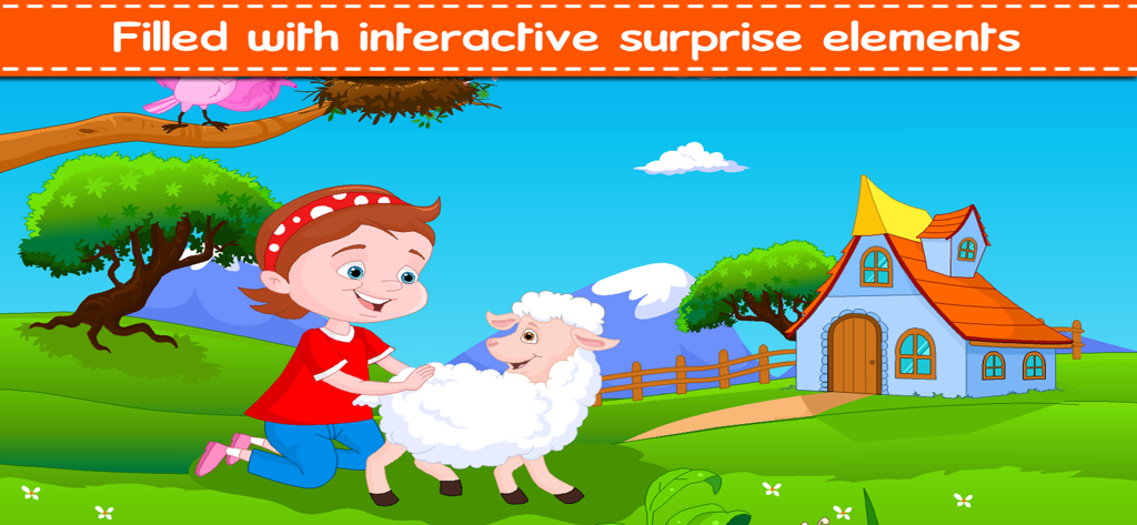 A cartoon girl petting a white lamb in a colorful landscape from the Baby Nursery Rhymes app.