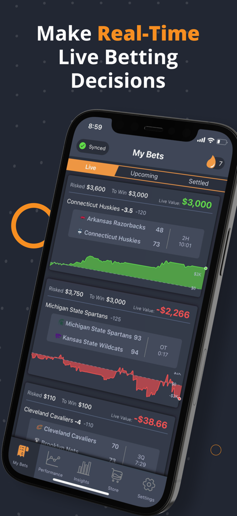 Juice Reel: Bet Tracker & Tips - Juice Reel mobile app interface showing real-time live sports bet tracking with performance graphs