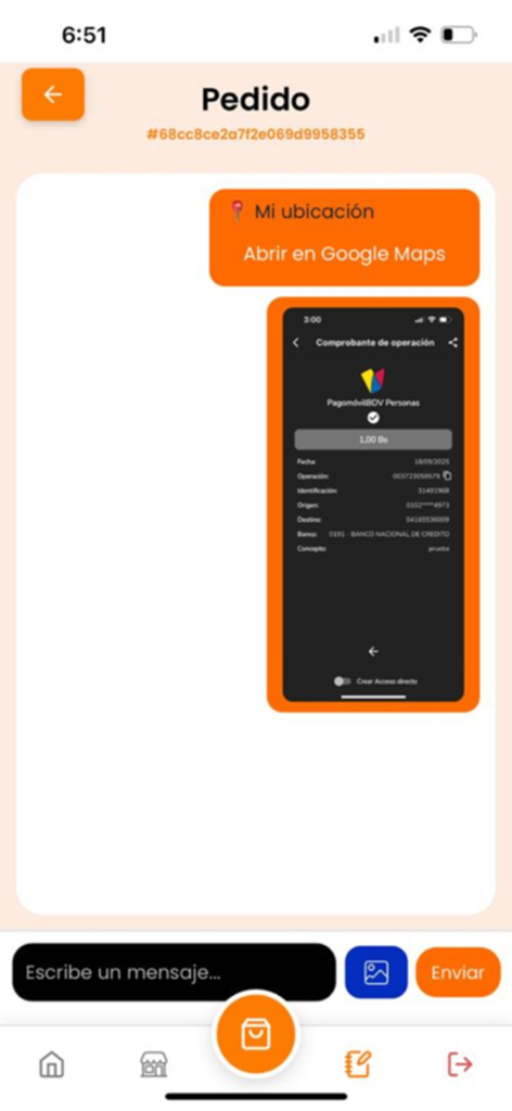 Riko App - Pantalla de chat de pedido de Riko App mostrando confirmación de pago y ubicación compartida