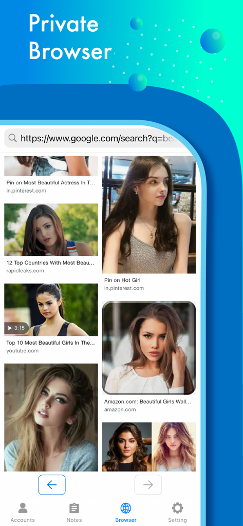 Dual Space WA Web Whats - Interface do recurso de navegador privado no aplicativo Dual Space exibindo resultados de pesquisa de imagens