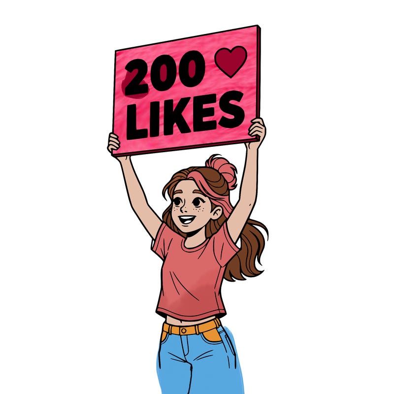 a girl holding up a 200 likes sign(hard)