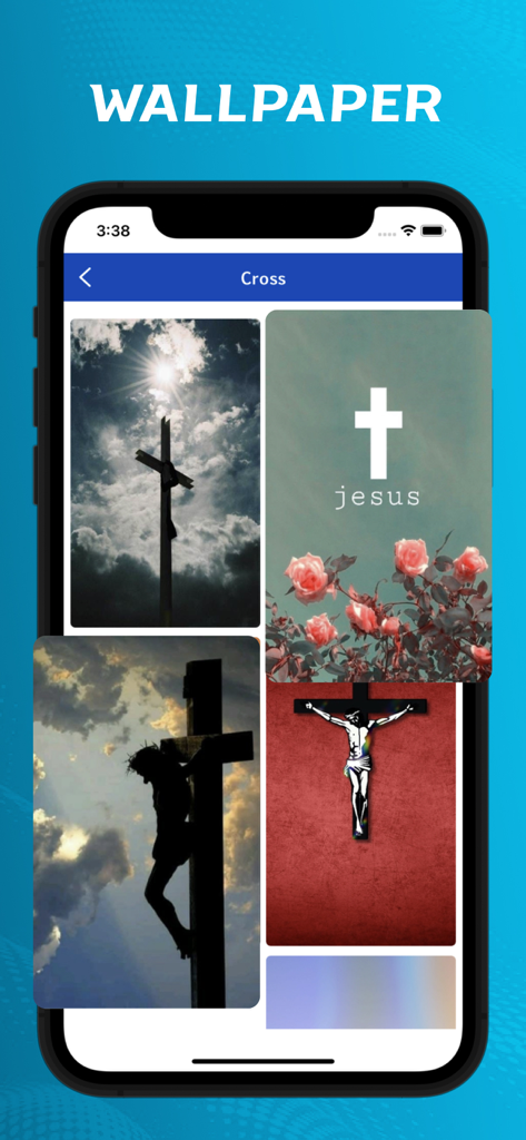 Hebrew Bible. - A collection of Christian wallpapers featuring crosses and images of Jesus displayed on a mobile app screen