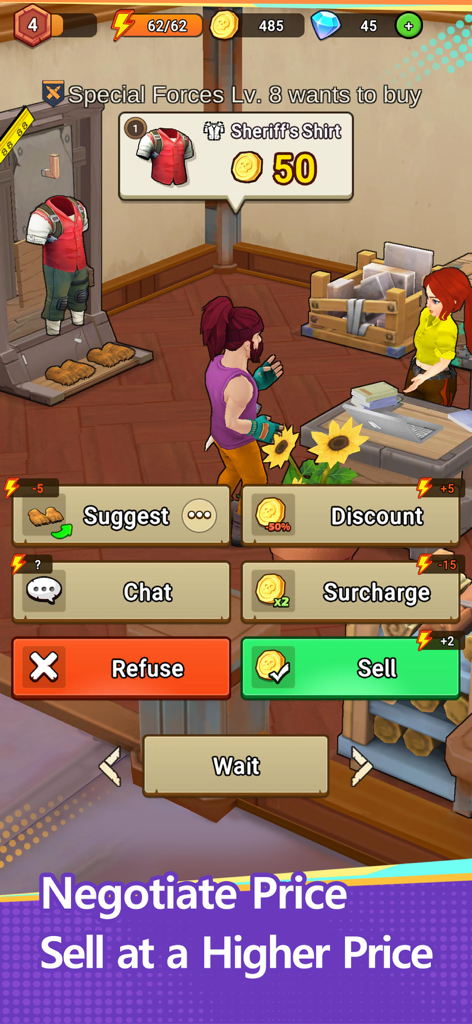 My Forge Shop: Sim Supermarket - マイ・フォージ・ショップのゲーム画面で、追加料金や割引などのオプションが表示された、顧客に商品を販売するための交渉インターフェース。