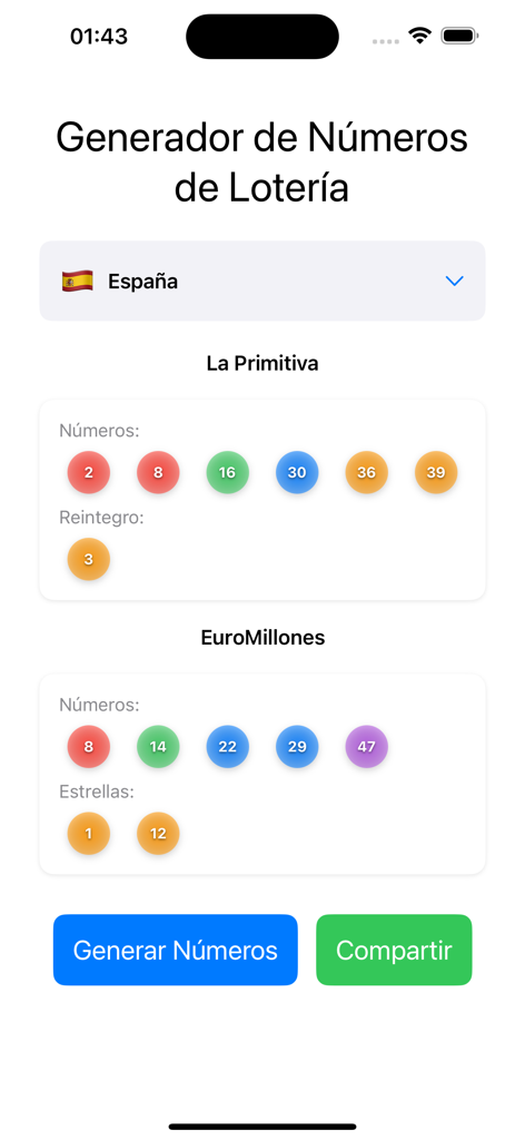 Numeros de loteria - Interfaz de la aplicación móvil que muestra números de lotería generados para La Primitiva y EuroMillones en España