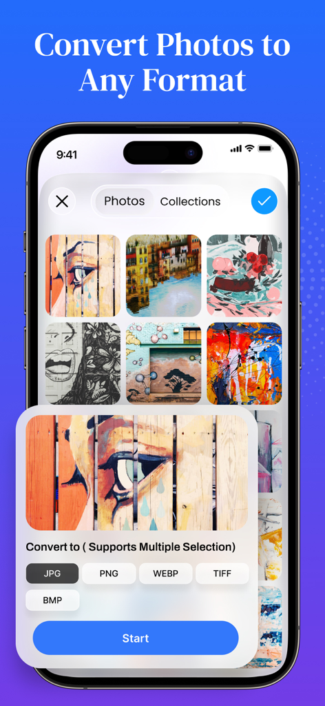 QuickTools Media & Files - QuickTools app interface showing options to convert photos to different formats including JPG PNG and WEBP