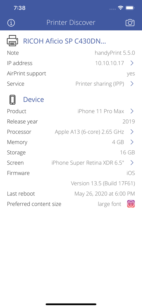 Printer Discover - Technical details for a Ricoh printer and iPhone hardware specifications in the Printer Discover app.