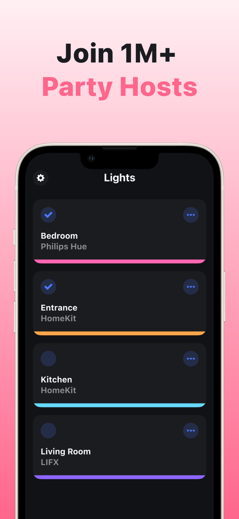 Hue Party for Philips Hue - Interfaz de la aplicación Hue Party en un iPhone que muestra una lista de luces inteligentes sincronizadas, incluidas Philips Hue y LIFX