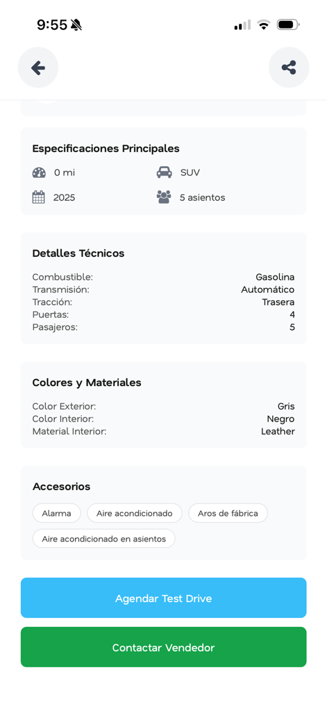 Autory - 車の仕様と試乗をスケジュールするか、販売者に連絡するためのボタンを表示するAutoryアプリの車両詳細画面。