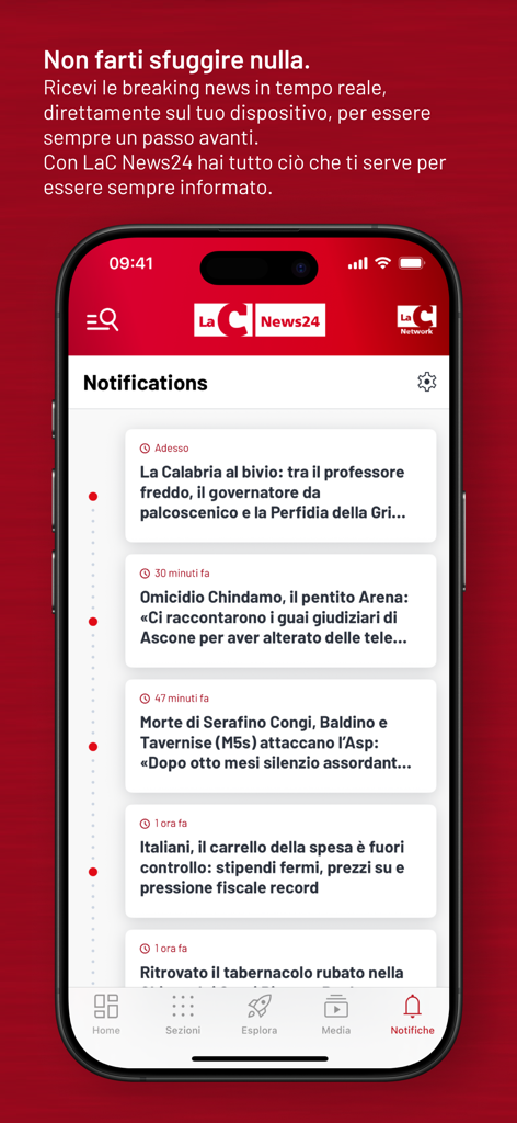 LaC News24 mobile app interface showing a list of real-time breaking news notifications about Calabria.