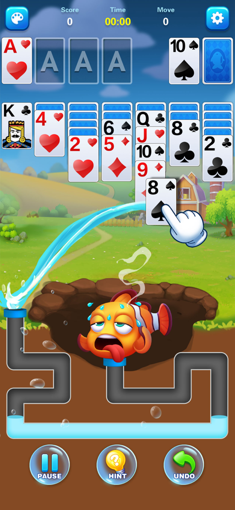 Solitaire Fish: Card Game - Tela do jogo de cartas Paciência com um quebra-cabeça de resgate de peixes na parte inferior