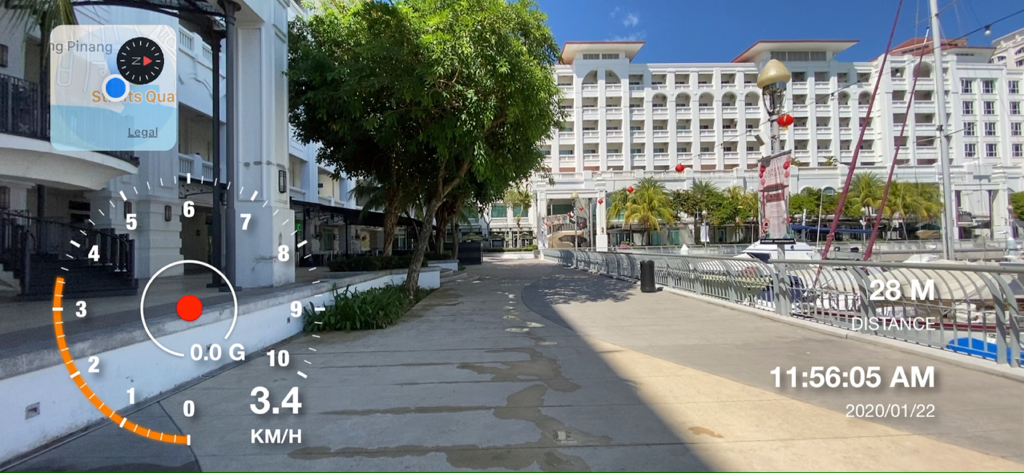 Motion Log Cam - Interface de gravação de vídeo mostrando sobreposições integradas de velocímetro e dados de mapa.