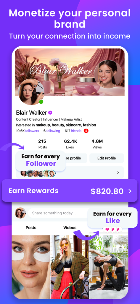 Netbinc: Social, Videos, Chat - Netbinc influencer profile for Blair Walker showing monetization features like earning for followers and likes