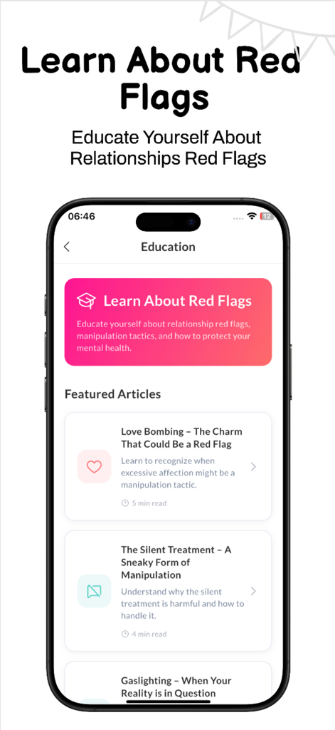 Red Flag Scanner Ai - Education screen of the Red Flag Scanner Ai app featuring articles on relationship red flags like love bombing and gaslighting