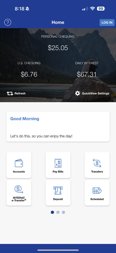 Polish Credit Union Mobile - Polish Credit Union Mobile app home screen displaying account balances and quick access banking icons