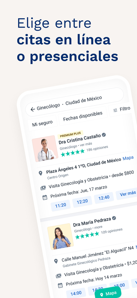 Doctoralia - Mexico - Doctoralia Mexico 앱의 온라인 또는 대면 의료 예약 인터페이스