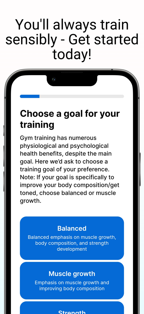 AITOFIT - Gym Workout Coach - AITOFIT app screen showing workout goal selection with options for balanced training and muscle growth